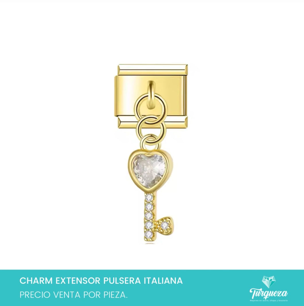 Dije Charm Llave Zirconias Colgante para Pulsera Tipo Italiana Dorado Acero Inoxidable