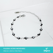 Cargar imagen en el visor de la galería, Pulsera Ojo Turco Negro Plateada (18cm-4mm) Acero Inoxidable
