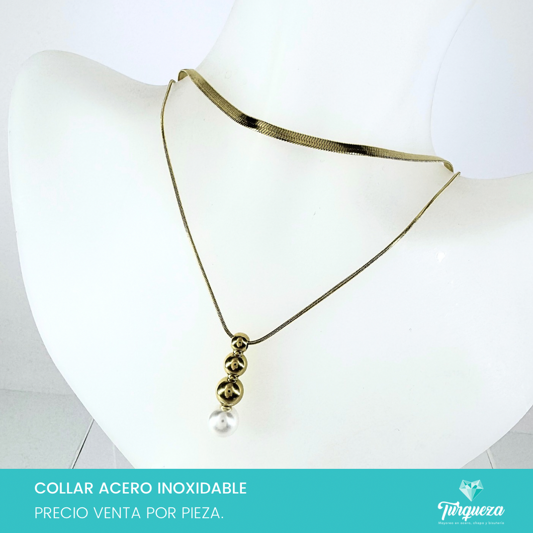 Collar Doble Planchada Perla Colgante Dorado Acero Inoxidable