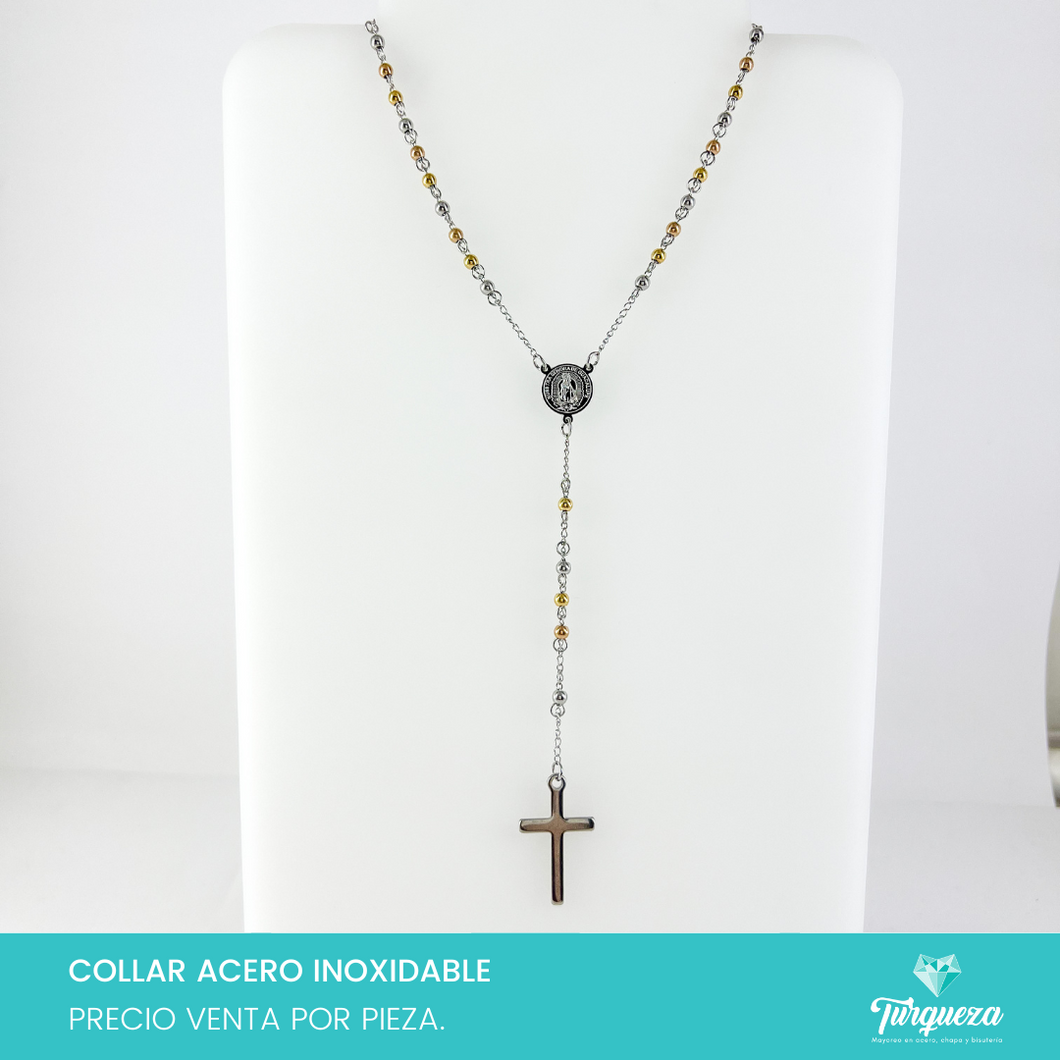 Collar Rosario Crucero Redondo Virgen de Guadalupe Tritono Acero Inoxidable