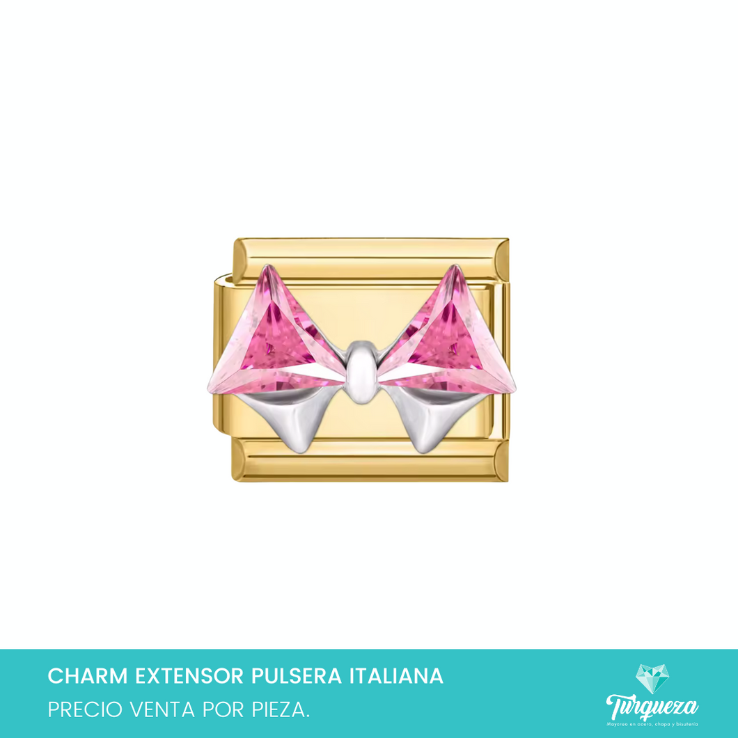 Dije Charm Moño Zirconias para Pulsera Tipo Italiana Dorado Acero Inoxidable