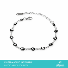 Cargar imagen en el visor de la galería, Pulsera Ojo Turco Negro Plateada (18cm-4mm) Acero Inoxidable

