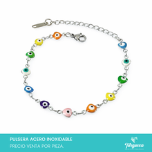 Cargar imagen en el visor de la galería, Pulsera Ojo Turco Corazones Multicolor Plateada (18cm-4mm) Acero Inoxidable
