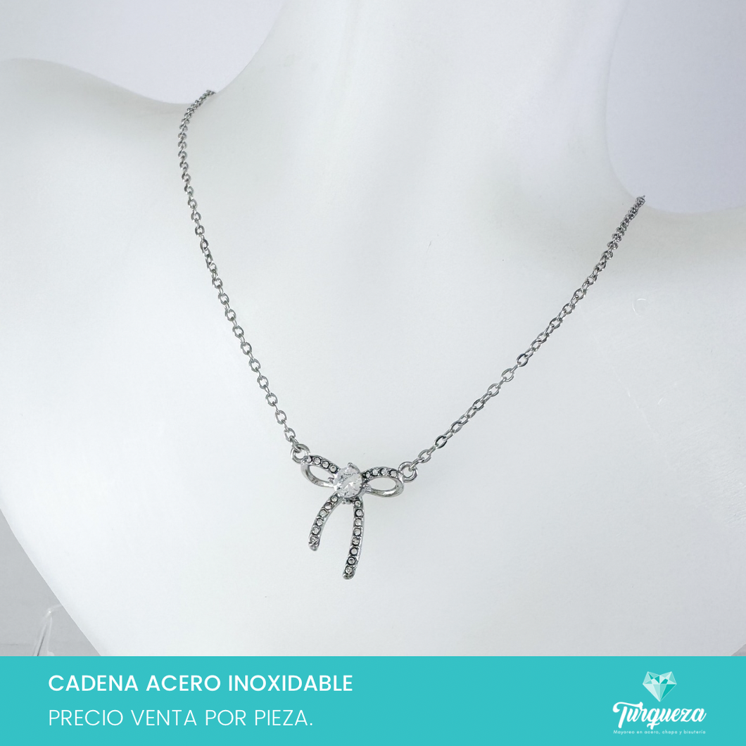 Collar Moño Zirconias Plateado Acero Inoxidable