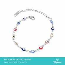 Cargar imagen en el visor de la galería, Pulsera Ojo Turco Multicolor 2 Plateada (18cm-4mm) Acero Inoxidable
