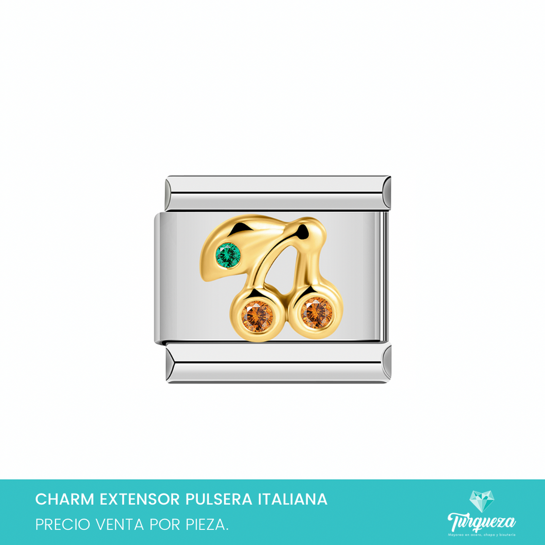 Dije Charm Cerezas Zirconias para Pulsera Tipo Italiana Plateado Acero Inoxidable