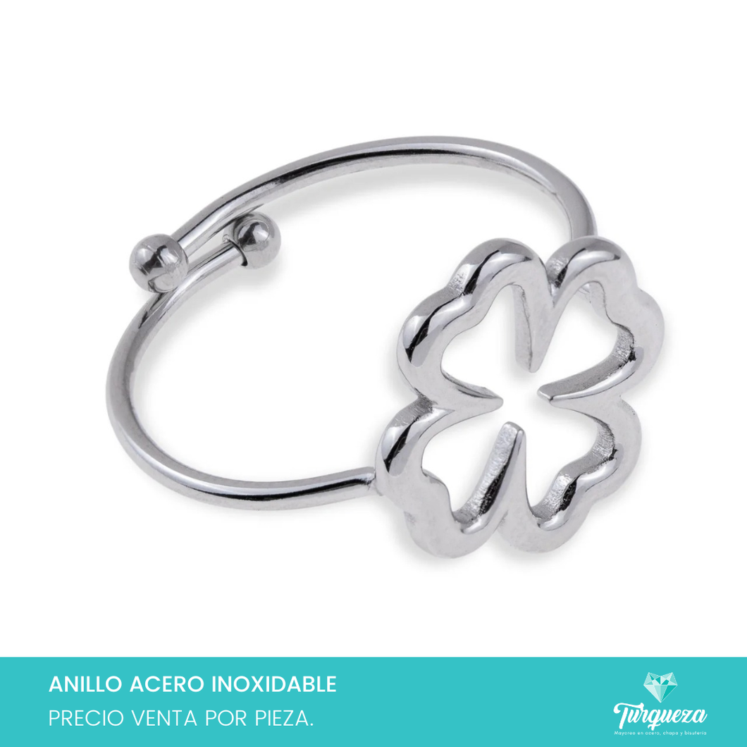 Anillo Trebol Ajustable Plateado Acero Inoxidable