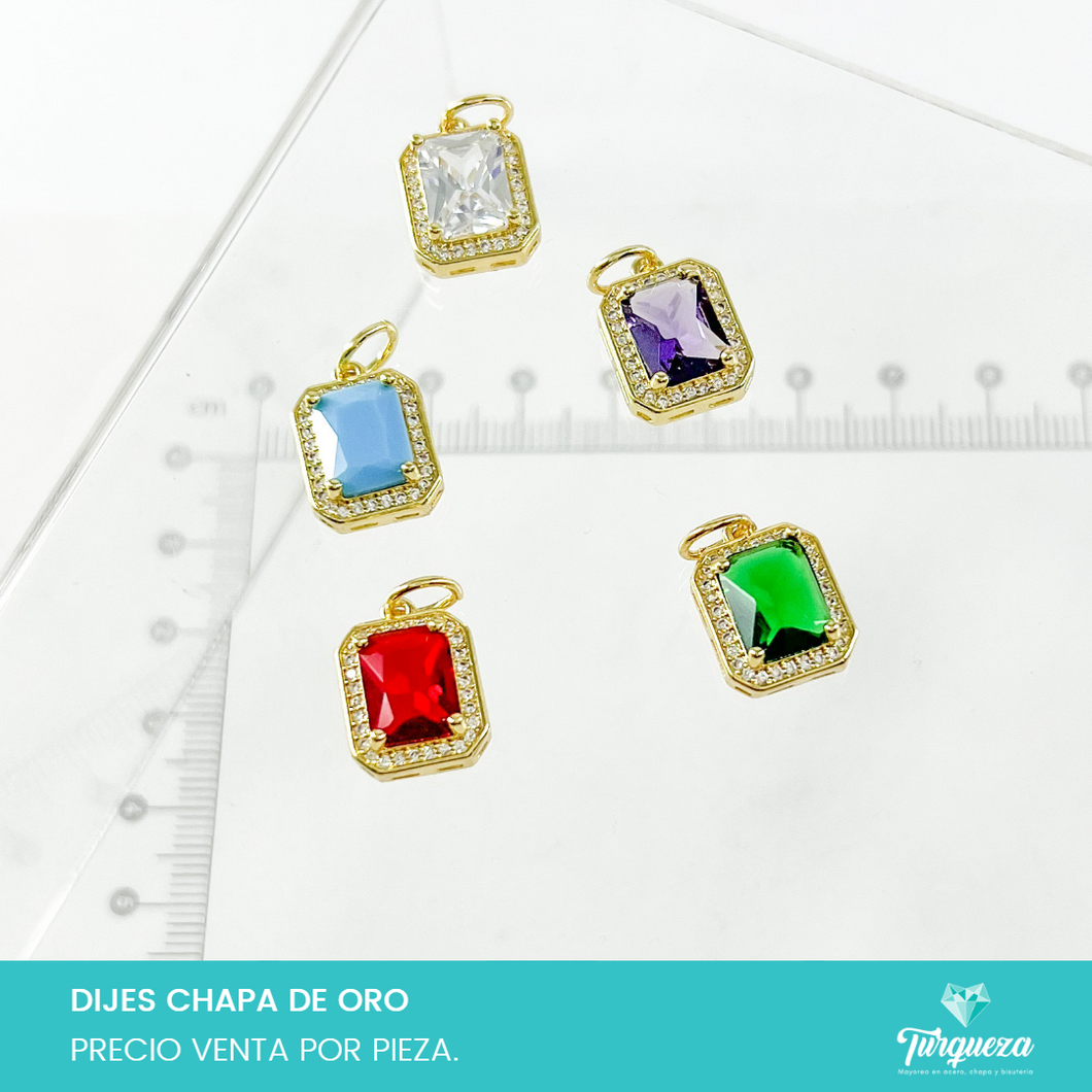 Dije Zirconia Cuadrada con Mini Zirconias B Varios Colores Chapa de oro