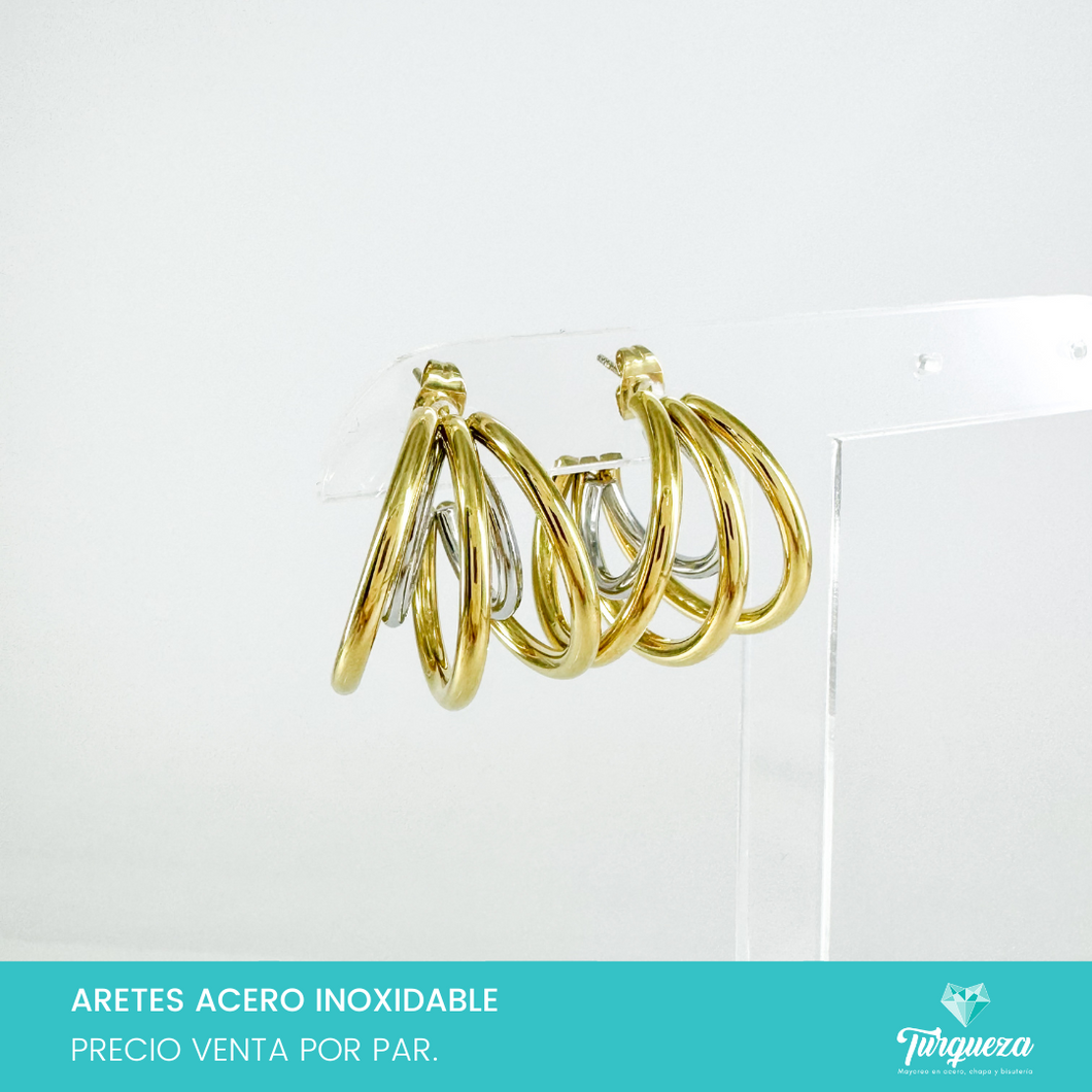 Aretes Arracadas Triples Bicolor Doble 2.5cm Acero Inoxidable