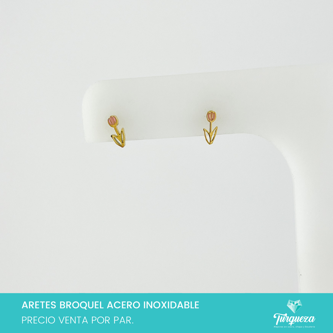 Aretes Broquel Tulipan Rosa Dorado Acero Inoxidable