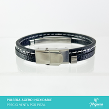 Cargar imagen en el visor de la galería, Brazalete Vinipiel Negro Doble Tira (20cm-1cm) Acero Inoxidable

