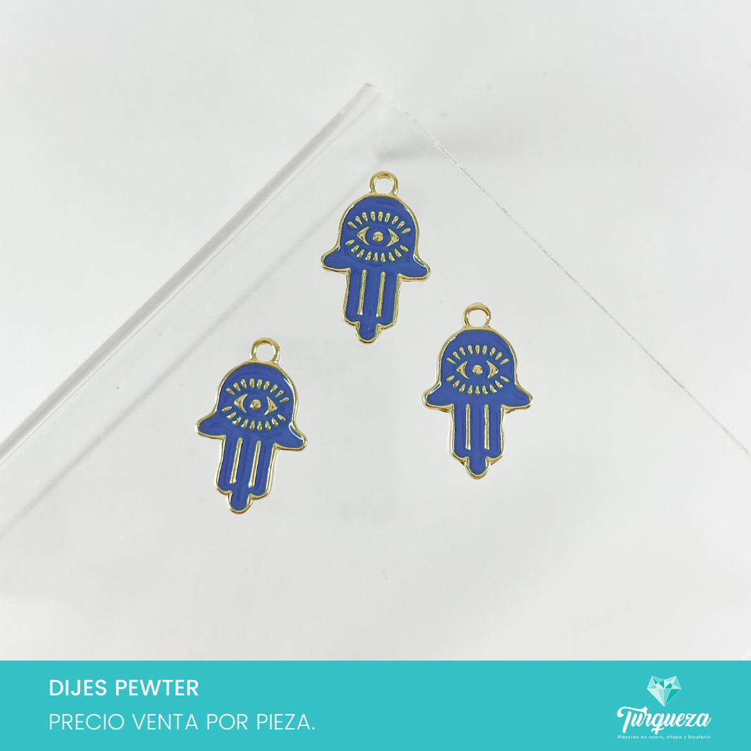 Dije Hamsa Azul Ojo Turco Lucky Esmaltado (1.3x2cm) Pewter