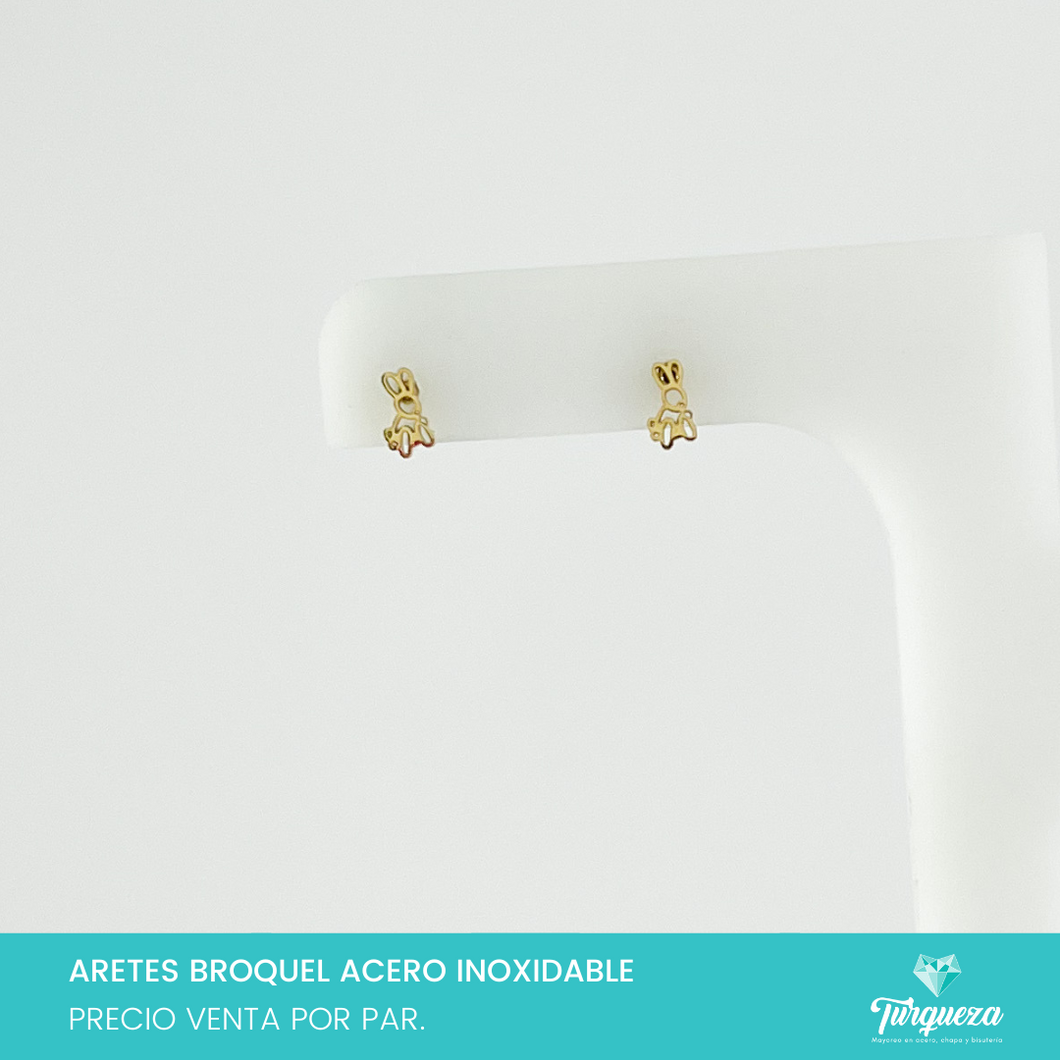 Aretes Broquel Conejo Globoflexia Contorno Dorado Acero Inoxidable