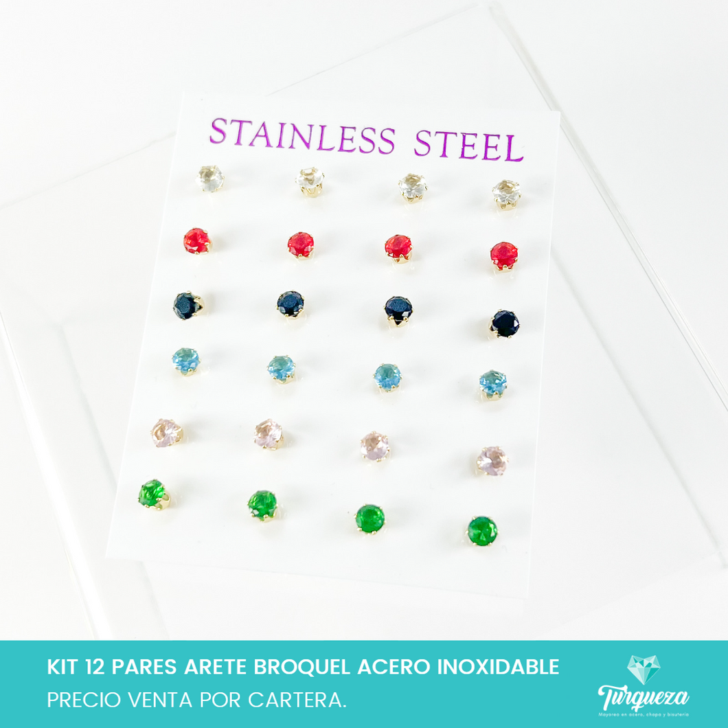 Arete Broquel Kit 12 Pzas Zirconias Colores Redondas Dorada Acero Inoxidable