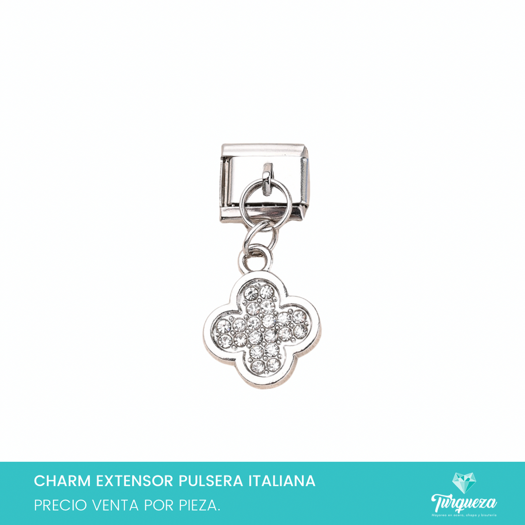Dije Charm Trebol Zirconias Colgante para Pulsera Tipo Italiana Acero Inoxidable