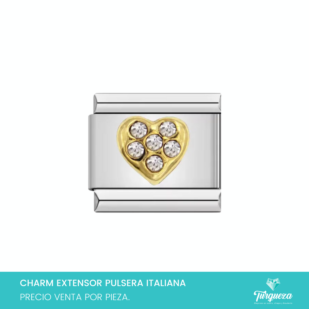 Dije Charm Corazon Zirconias para Pulsera Tipo Italiana Plateado Acero Inoxidable