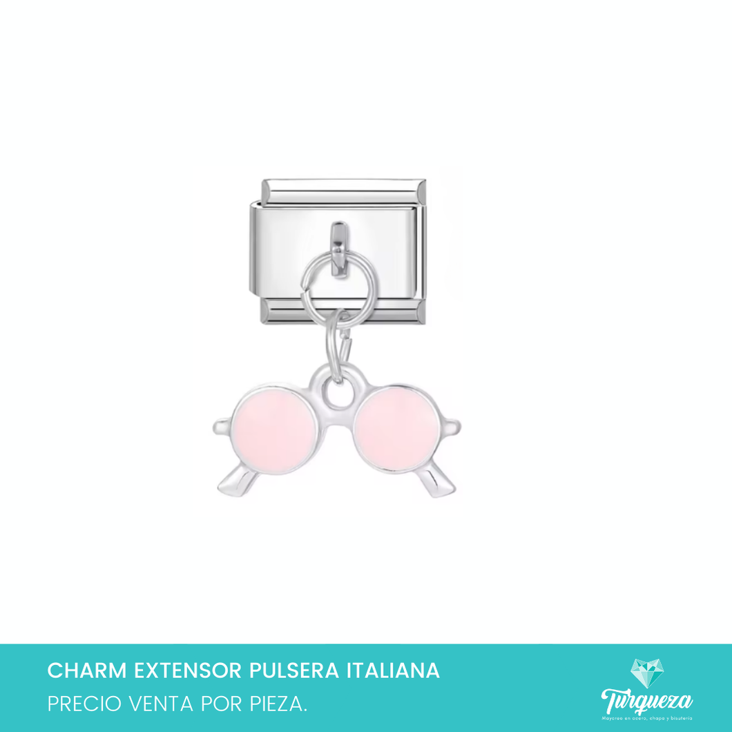 Dije Charm Lentes Rosas Colgante para Pulsera Tipo Italiana Plateado Acero Inoxidable