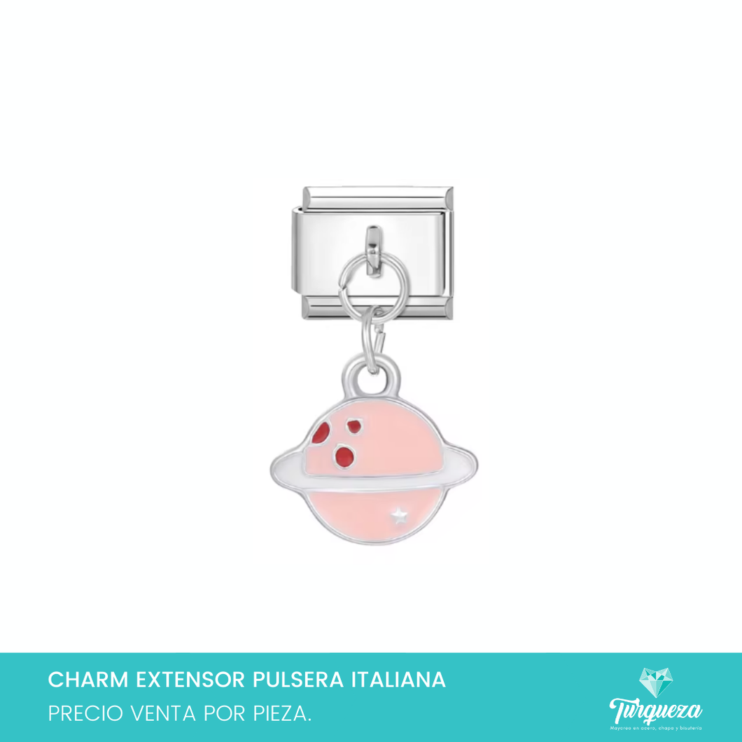 Dije Charm Planeta Rosa Colgante para Pulsera Tipo Italiana Plateado Acero Inoxidable