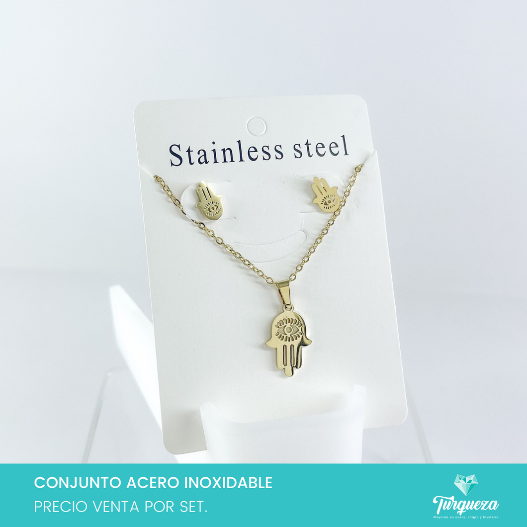 Conjunto Mano Hamsa Con Ojo Dorado Acero Inoxidable