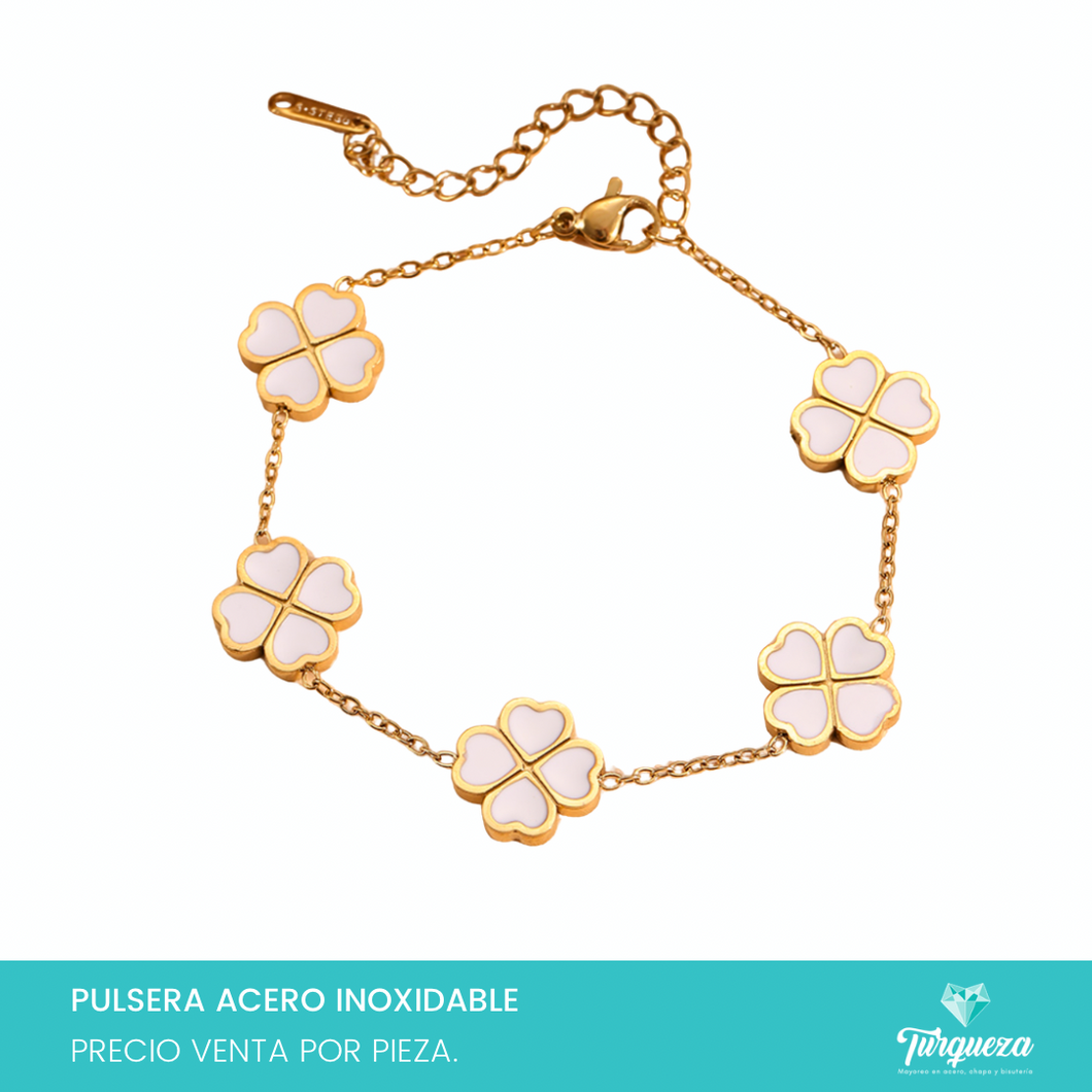 Pulsera Trebol Blanco Doble Cara Dorada Acero Inoxidable