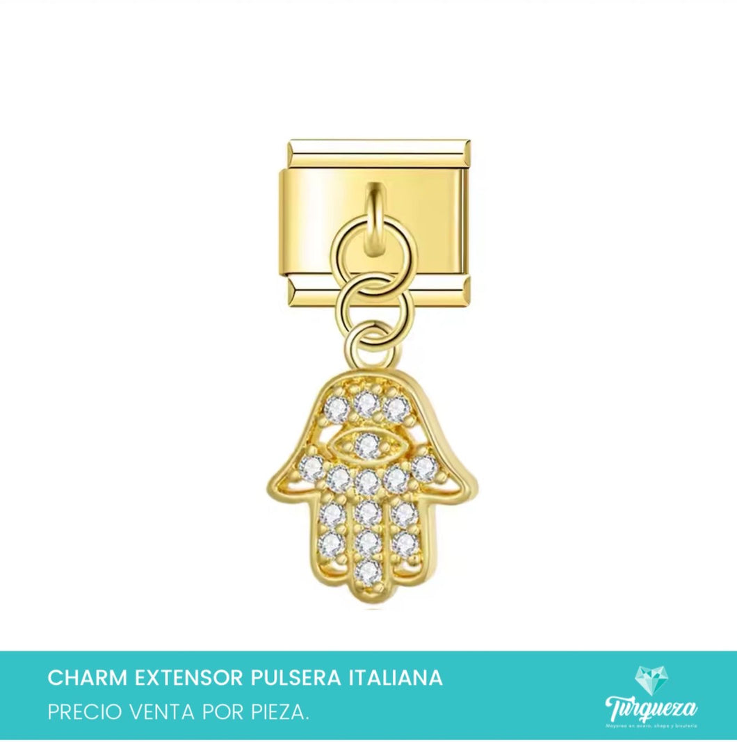 Dije Charm Mano Zirconias Colgante para Pulsera Tipo Italiana Dorado Acero Inoxidable