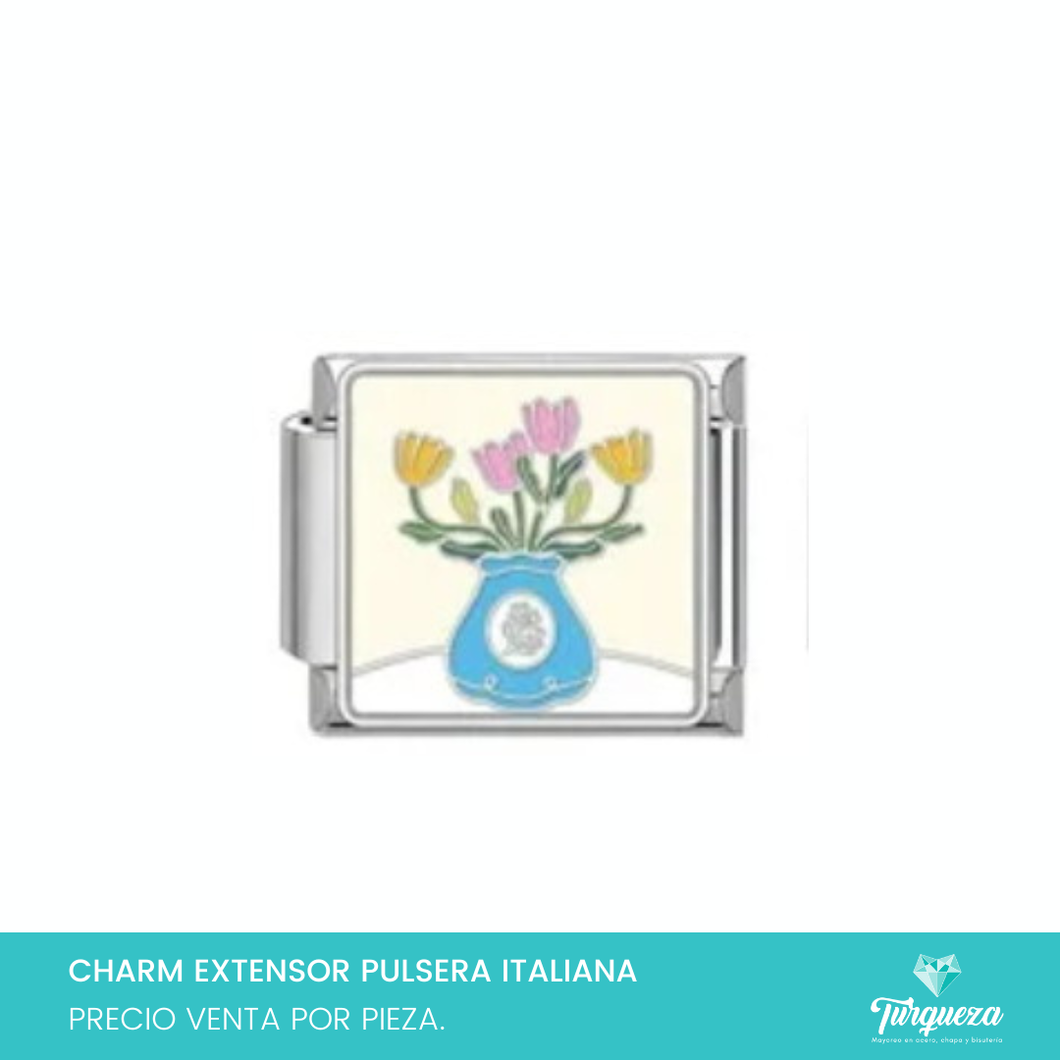 Dije Charm Florero para Pulsera Tipo Italiana Plateado Acero Inoxidable
