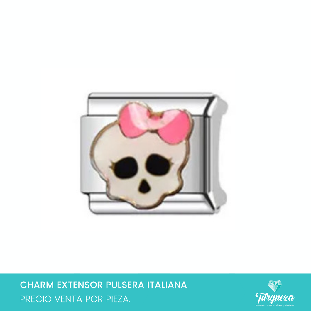Dije Charm Calavera Moño para Pulsera Tipo Italiana Plateado Acero Inoxidable