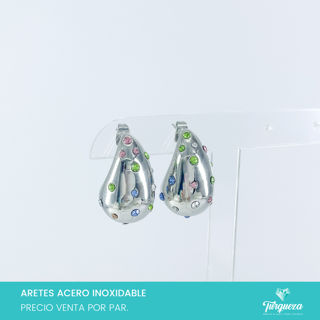 Aretes Dupes Gota Zirconias Colores Plateado 3cm Acero Inoxidable