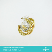 Load image into Gallery viewer, Aretes Arracadas Triples Bicolor Doble 2.5cm Acero Inoxidable
