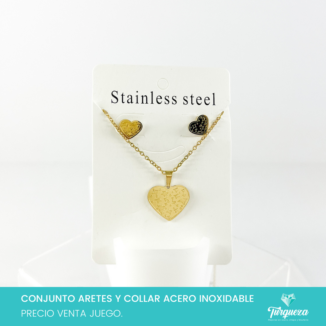 Conjunto Corazon con Decoracion Dorado Acero Inoxidable