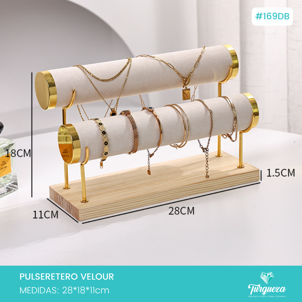 Exhibidor Pulseretero Doble Tubo Tela Terciopelo Beige Dorado / Madera