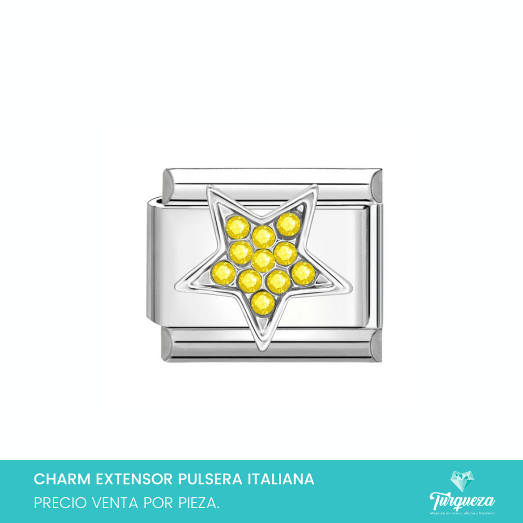 Dije Charm Estrella Zirconias Amarillas para Pulsera Tipo Italiana Plateado Acero Inoxidable