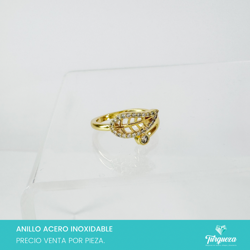 Anillo Hoja Zirconias Dorado Acero Inoxidable