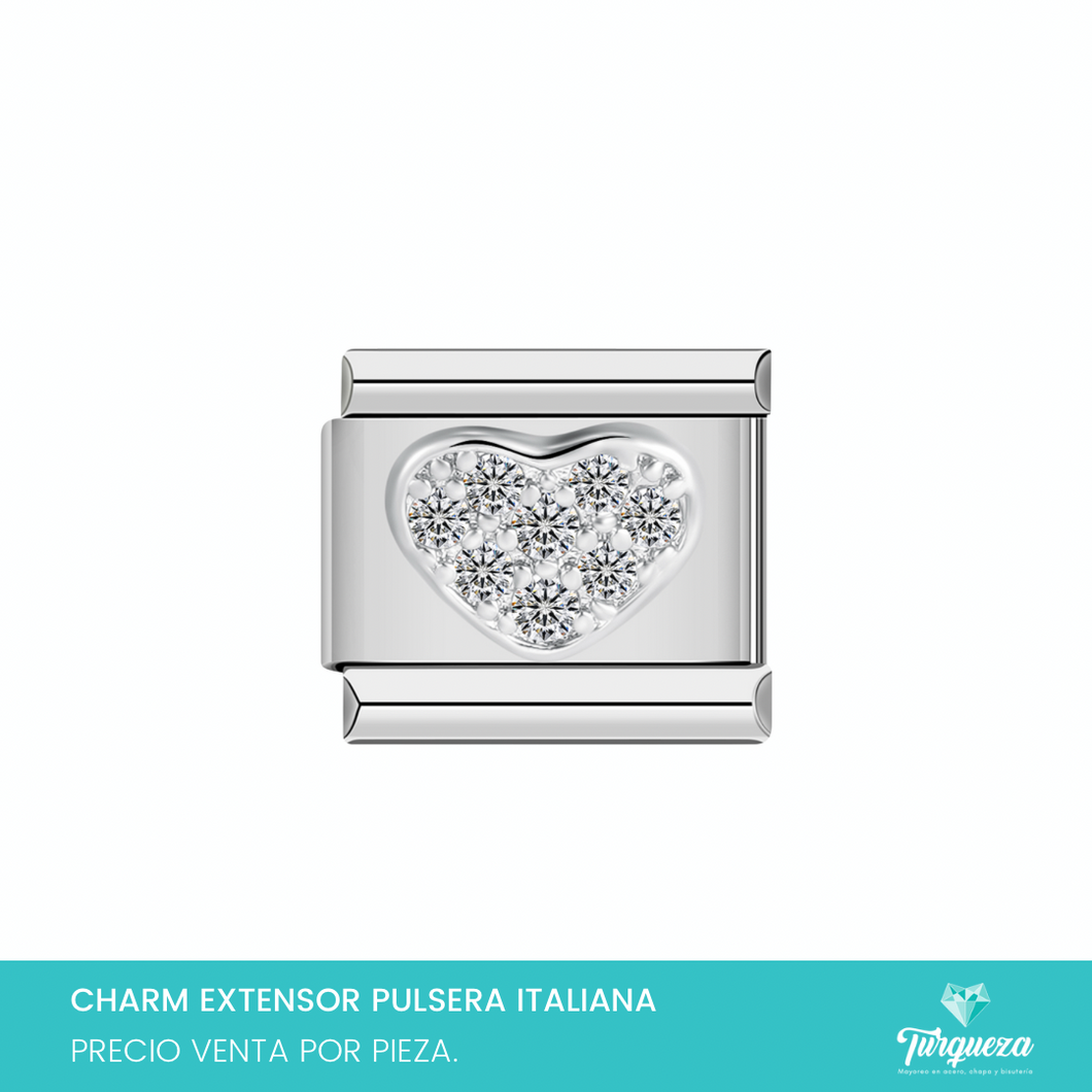 Dije Charm Corazon Zirconias para Pulsera Tipo Italiana Plateado Acero Inoxidable