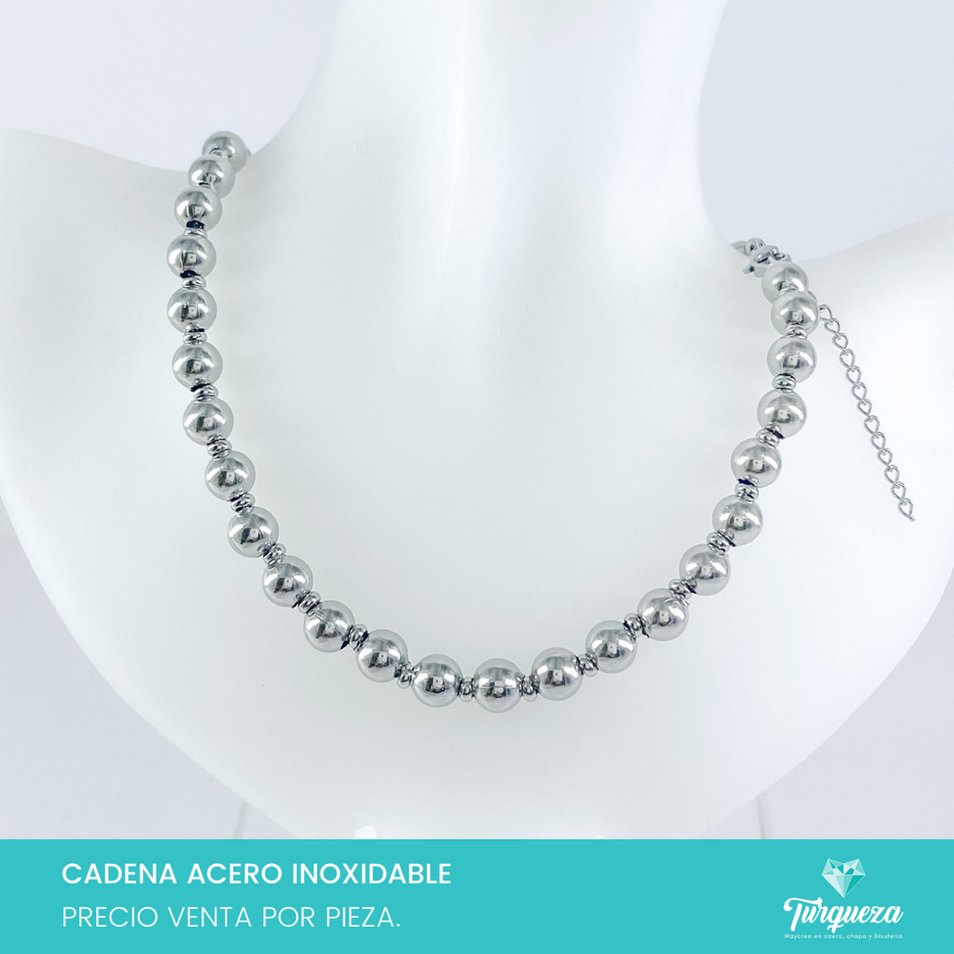 Cadena Choker Bolas Plateado(43cm-8mm) Acero Inoxidable