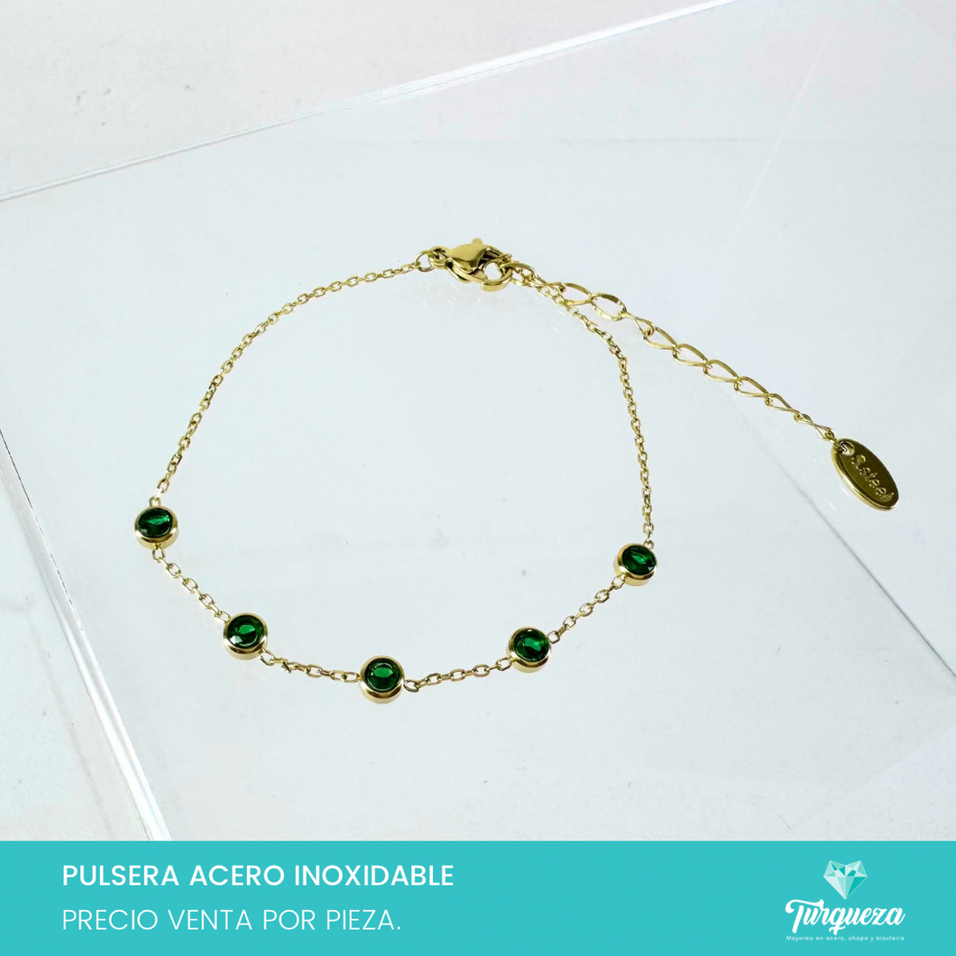 Pulsera Zirconias Verdes Dorada Acero Inoxidable
