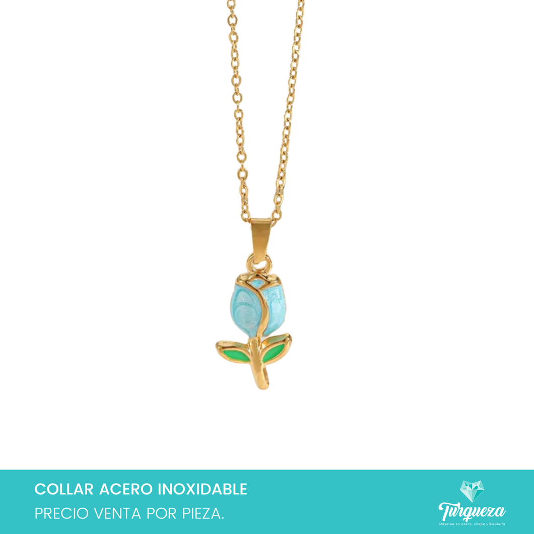 Collar Flor Azul Acero Inoxidable