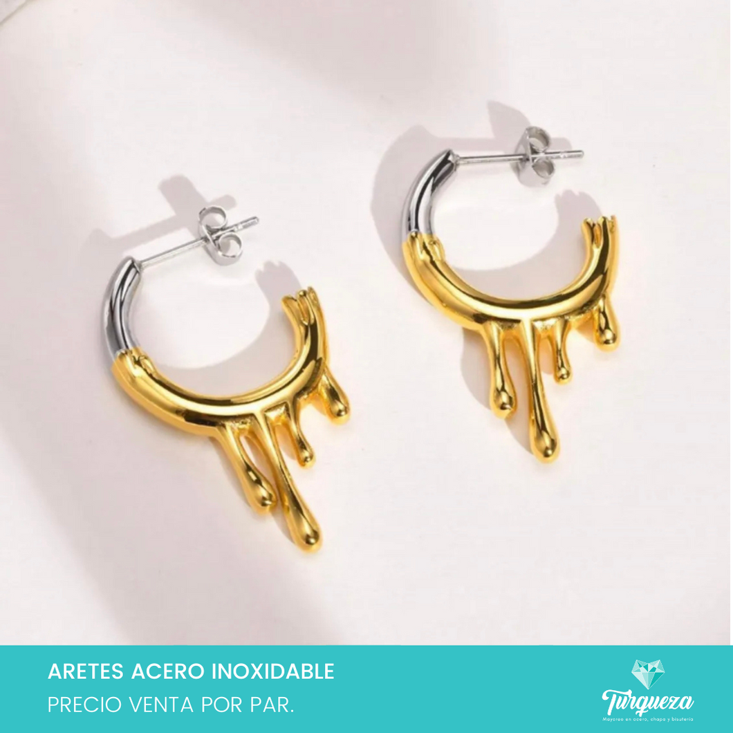 Aretes Bicolor Efecto Derretido 3cm Dorado con Plateado Acero Inoxidable