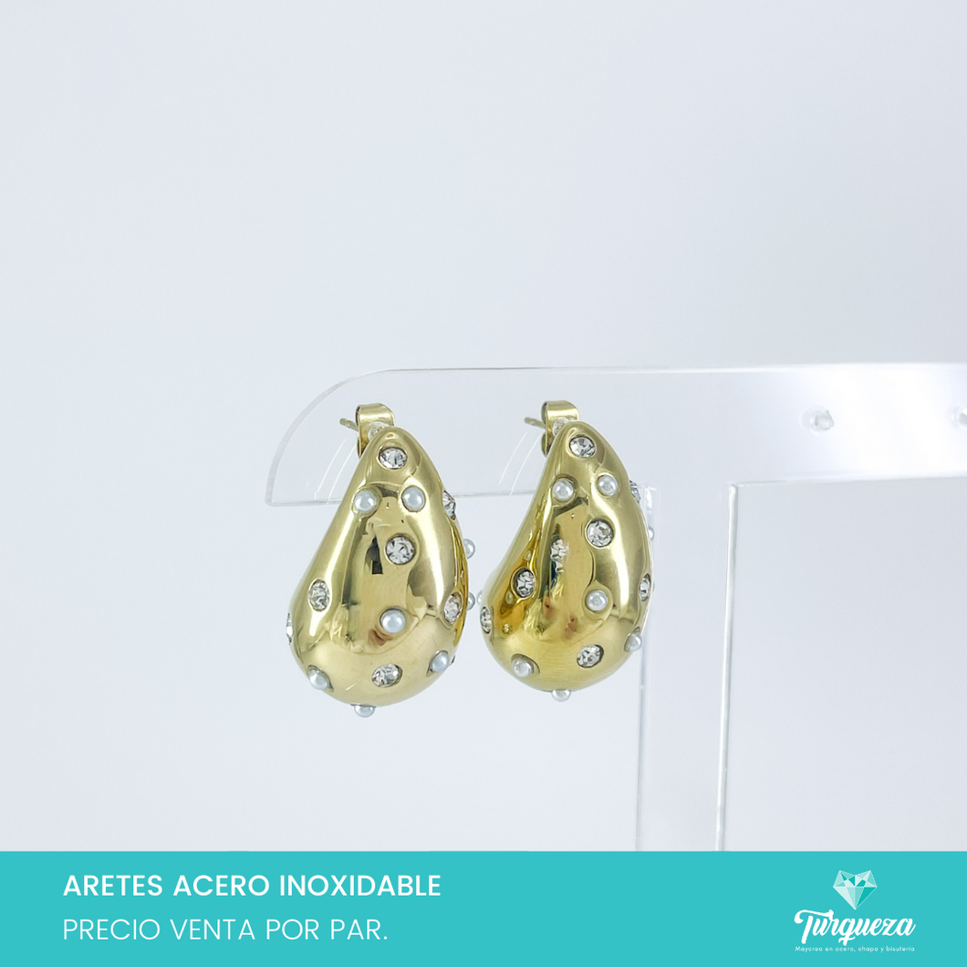 Aretes Dupes Gota Zirconias y Perlas Dorado 3cm Acero Inoxidable