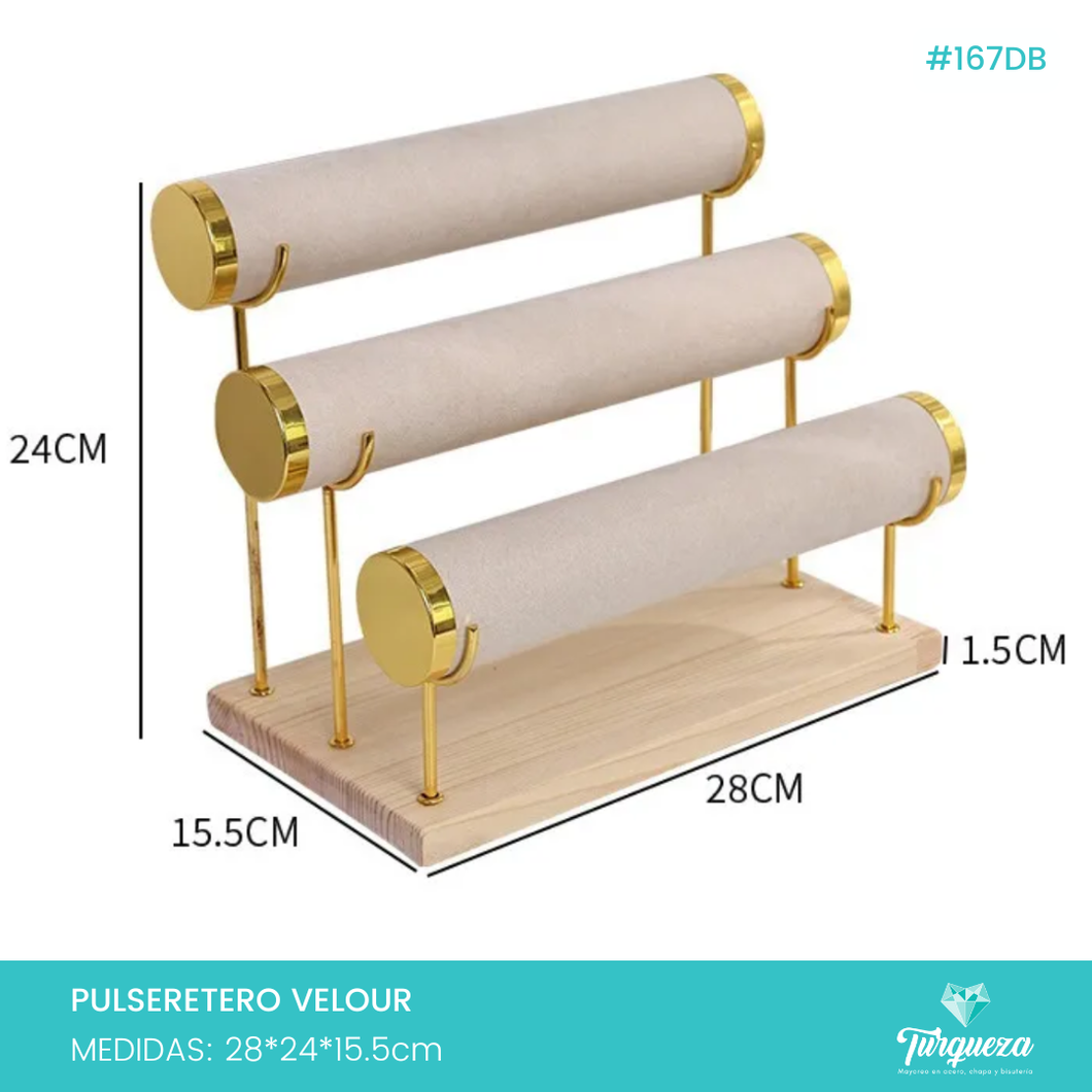 Exhibidor Pulseretero Triple Tubo Tela Terciopelo Beige Dorado / Madera