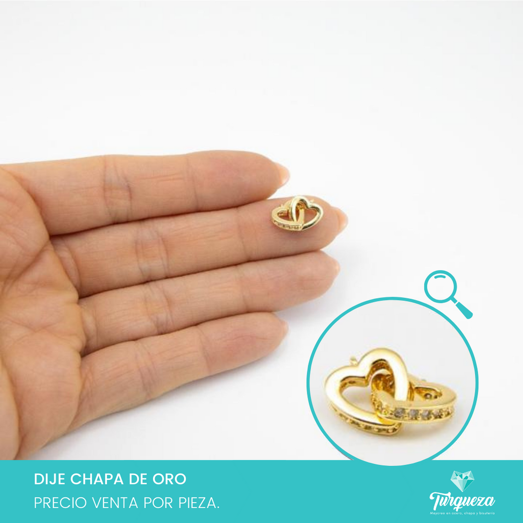 Dije Doble Corazon con Zirconias Entrelazados (1.5x1cm) Chapa de Oro