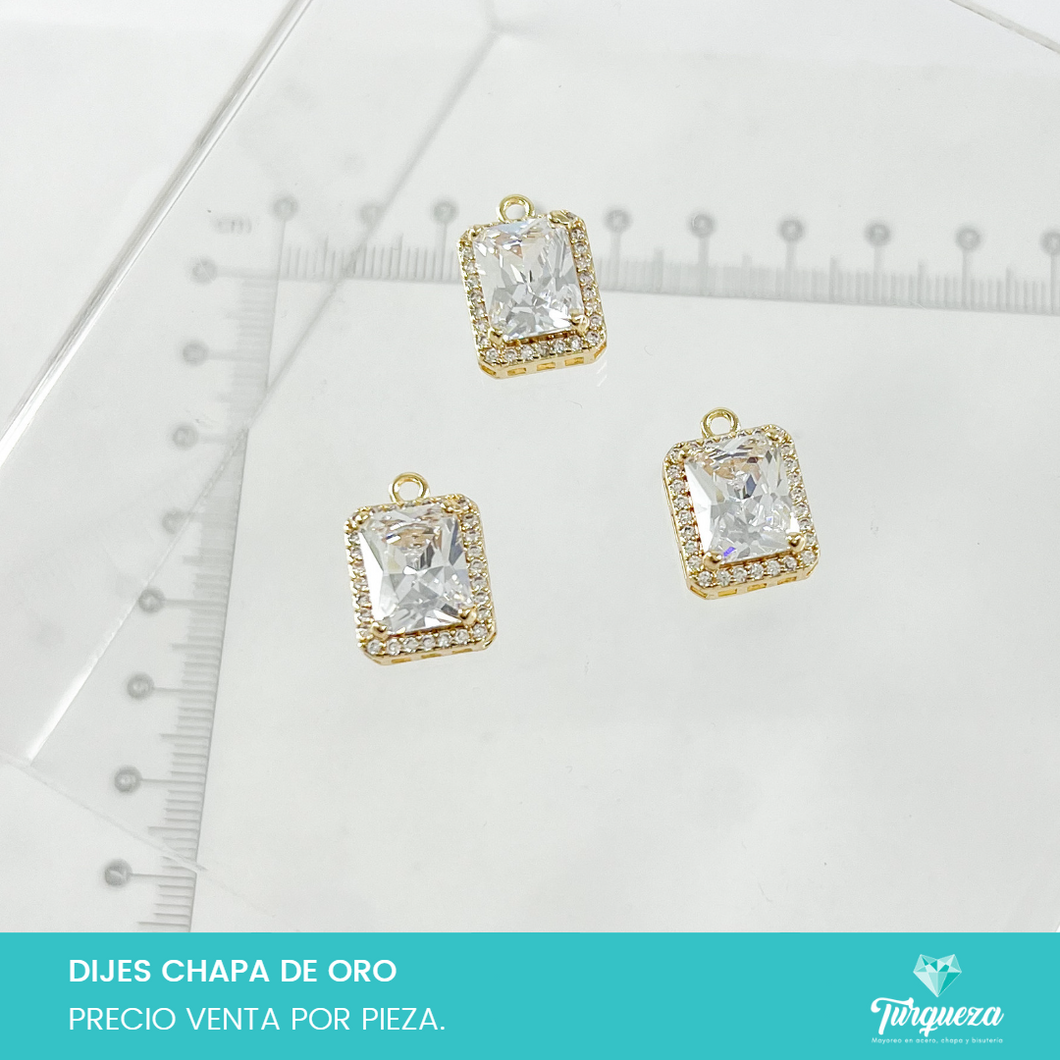 Dije Rectangular Zirconia con Mini Zirconias  Chapa de oro