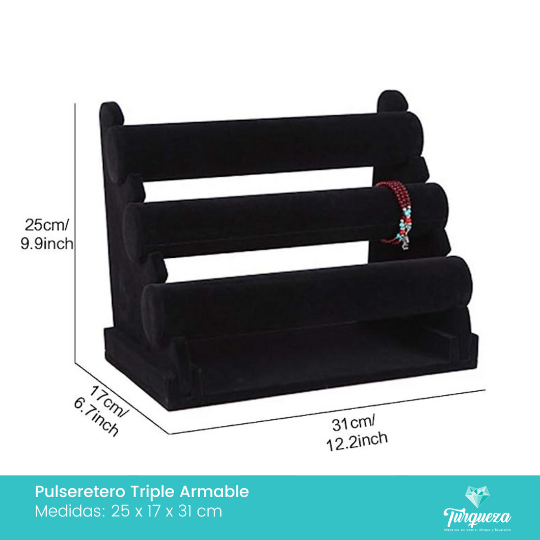 Exhibidor Pulseretero Triple Armable Tubo Tela Terciopelo Negro