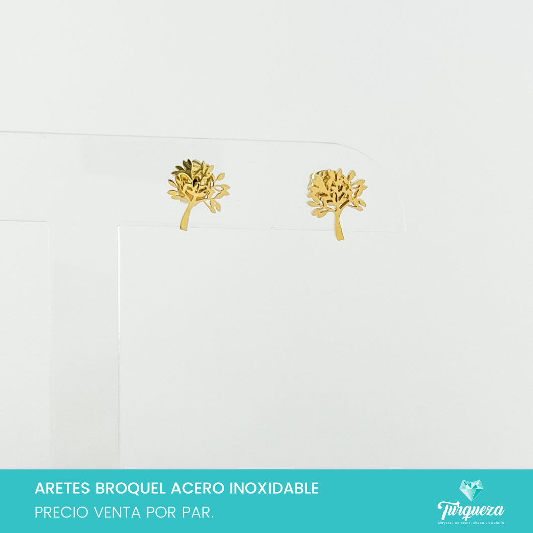 Aretes Broquel Arbol de la Vida Dorado Acero Inoxidable