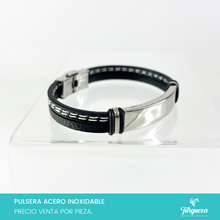 Cargar imagen en el visor de la galería, Brazalete Vinipiel Negro (20cm-1cm) Acero Inoxidable
