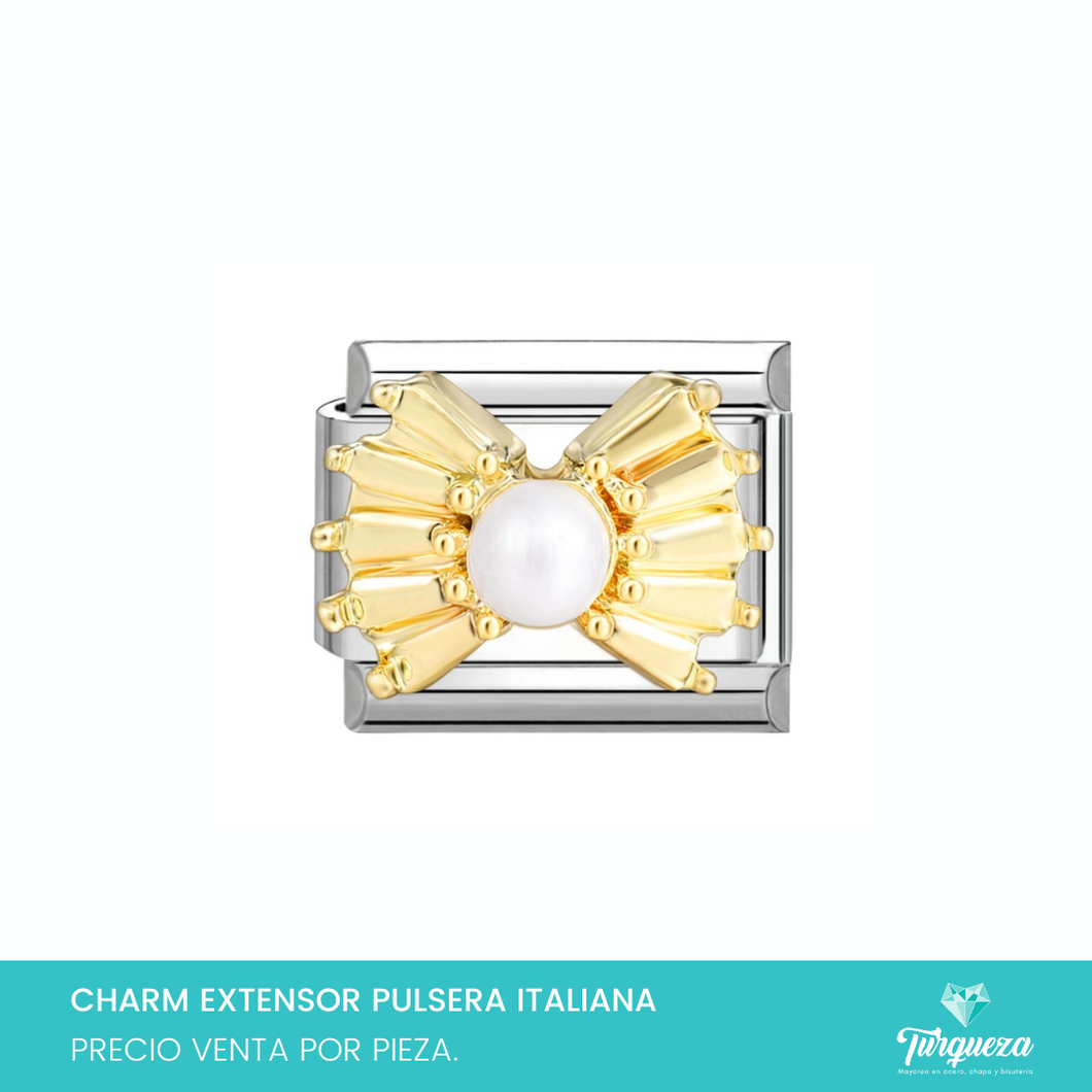 Dije Charm Moño Perla para Pulsera Tipo Italiana Plateado Acero Inoxidable