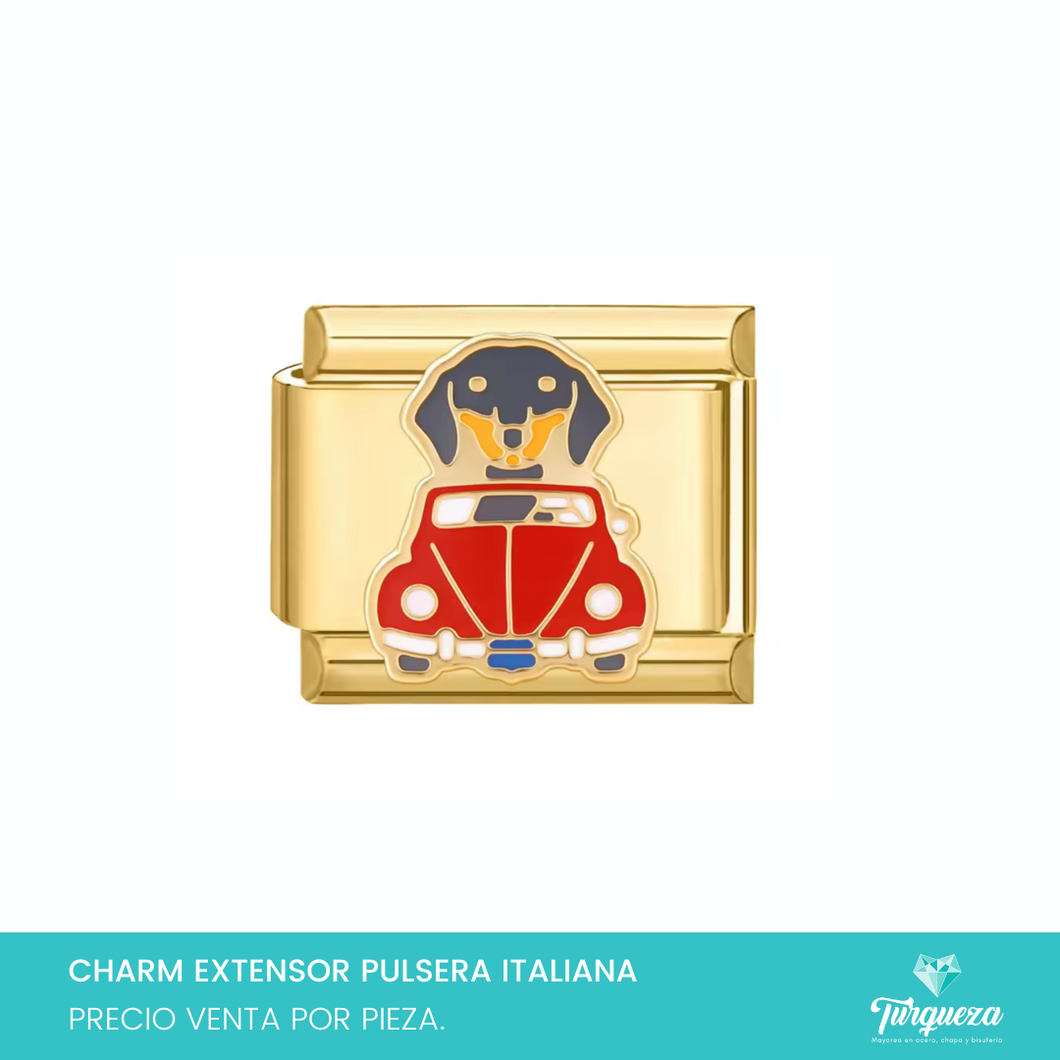 Dije Charm Perrito Carro para Pulsera Tipo Italiana Dorado Acero Inoxidable