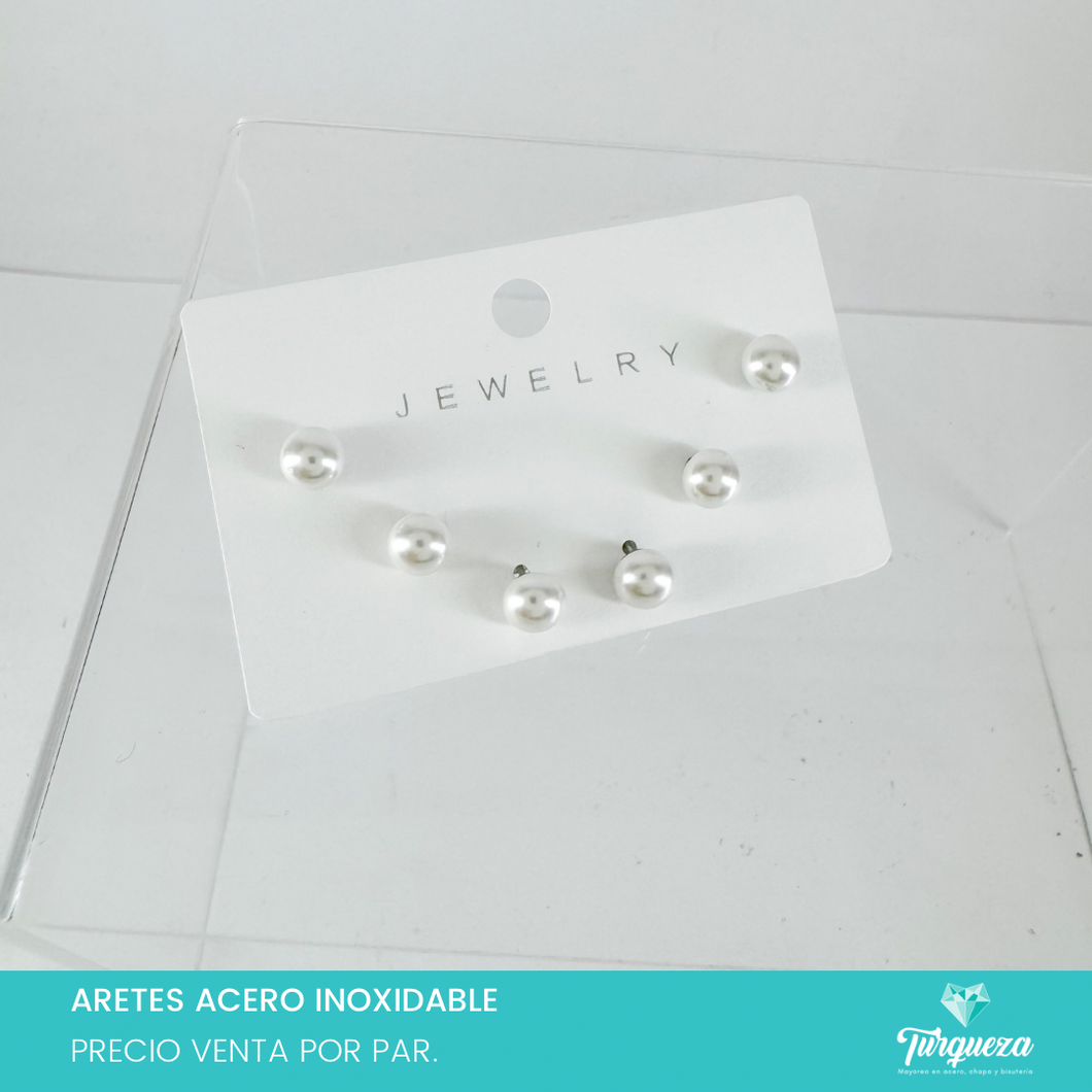 Arete Broquel 3Pack Perla Plateado Acero Inoxidable