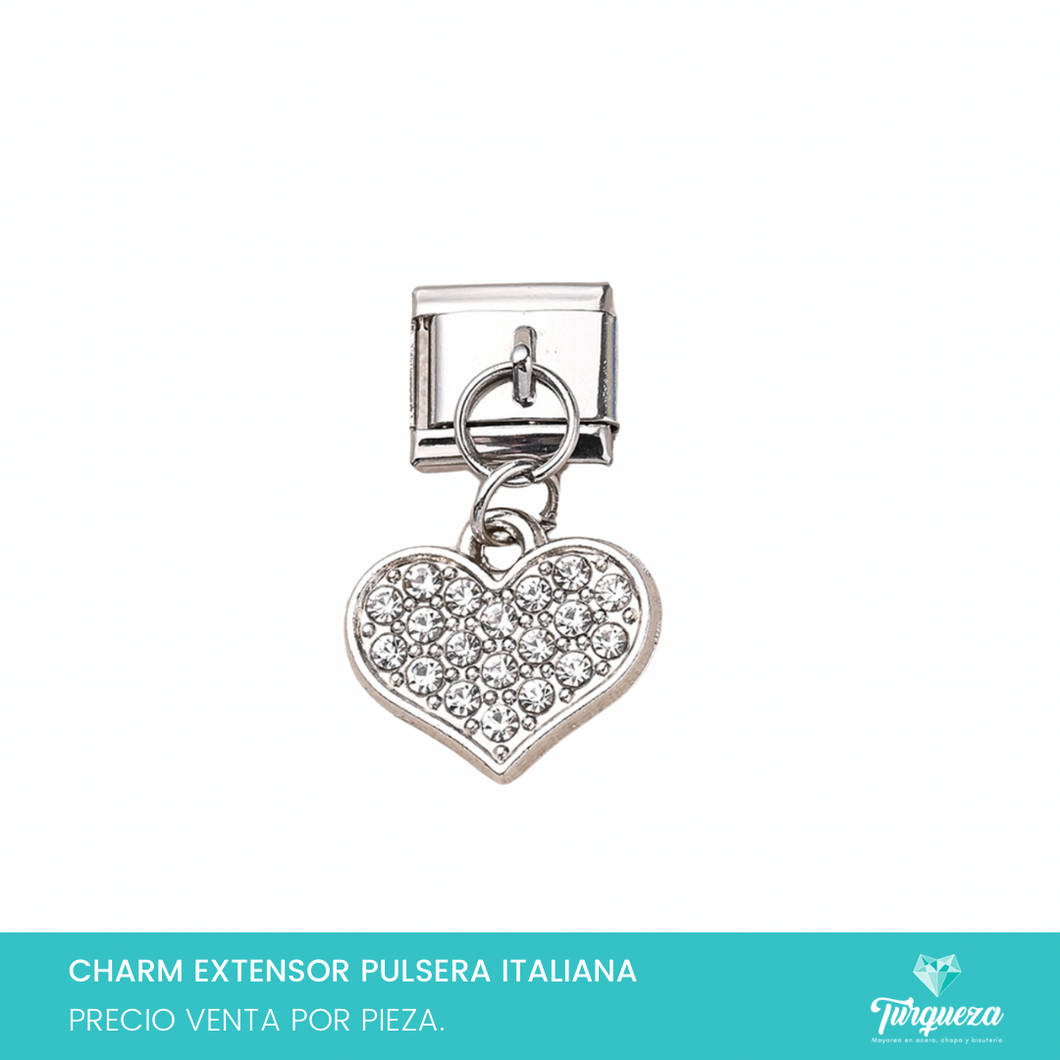 Dije Charm Corazon Zirconias Colgante para Pulsera Tipo Italiana Acero Inoxidable