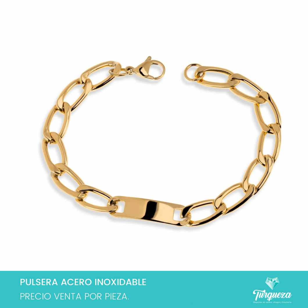 Pulsera Esclava Cubana con Placa Dorado (21cm-8mm) Acero Inoxidable